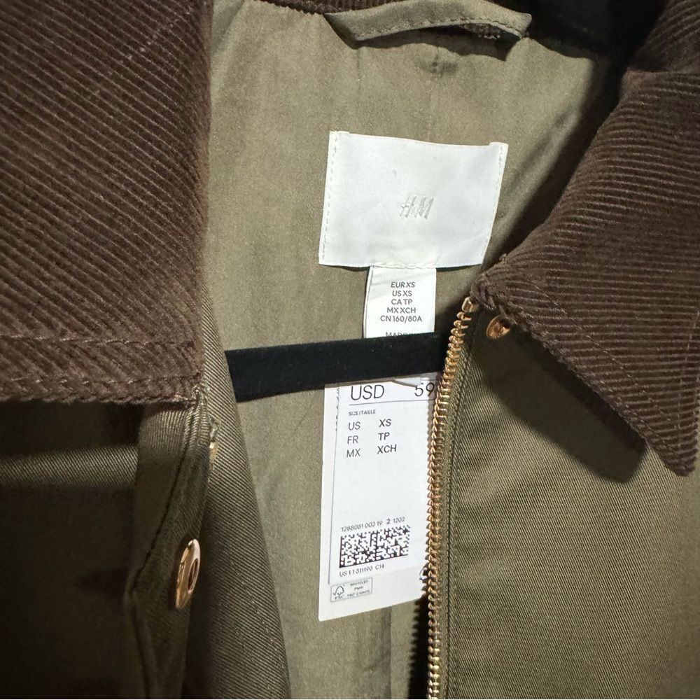 H&M Olive army Green oversized barn jacket corduroy collar - Picture 8 of 10